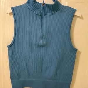 Blue Ribbed Fitted Sleeveless Tank Top